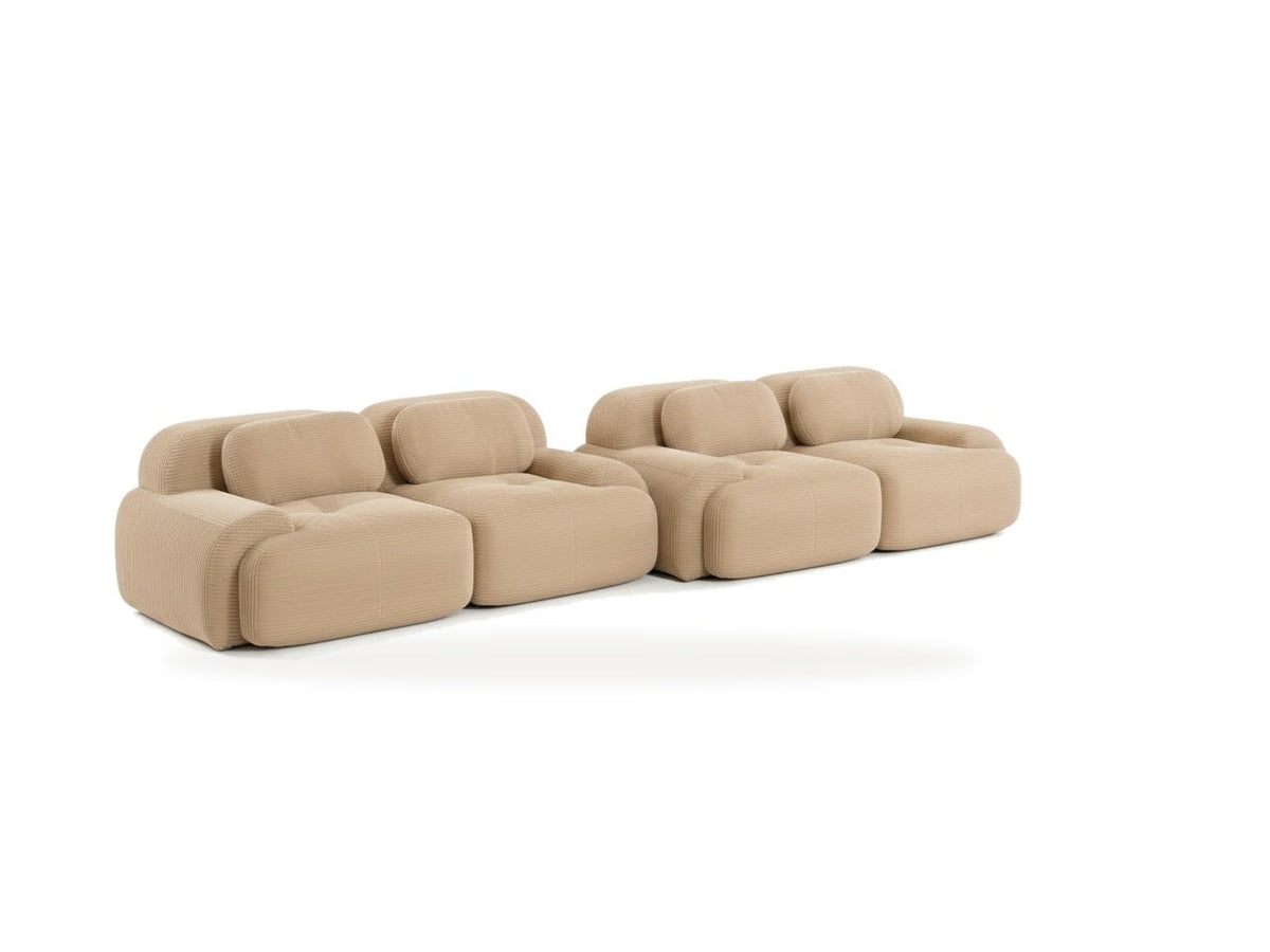 Salon velours côtelé beige, vue de trois quarts sur fond blanc