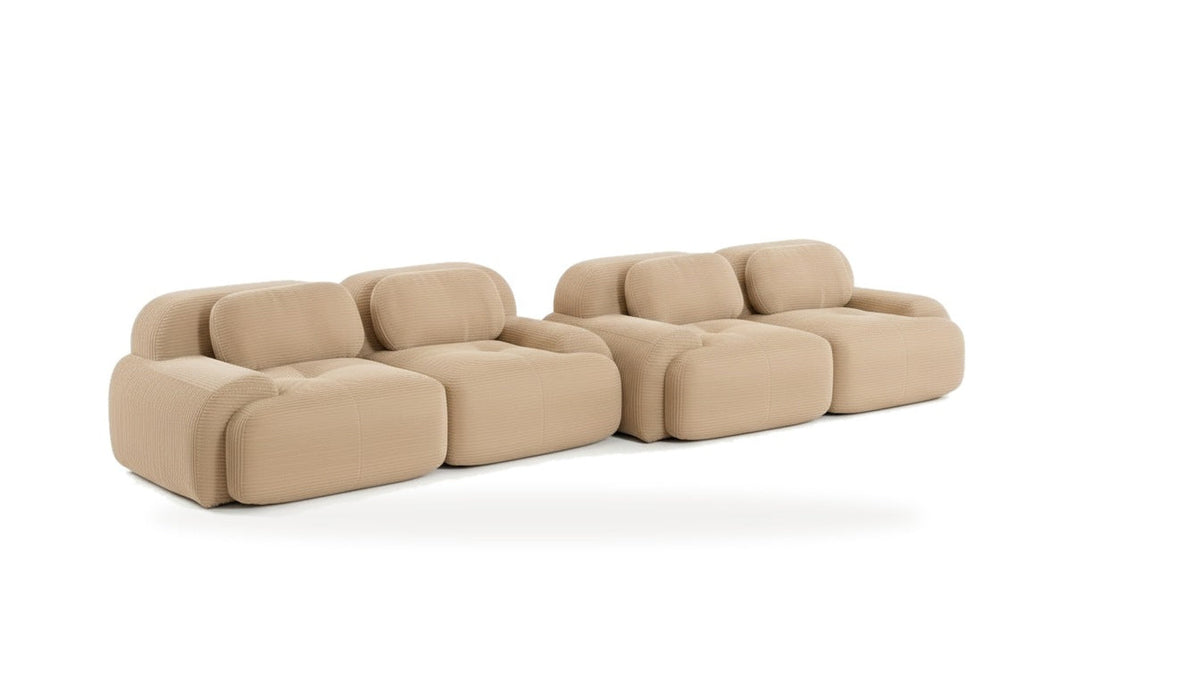 Salon velours côtelé beige, vue de trois quarts sur fond blanc
