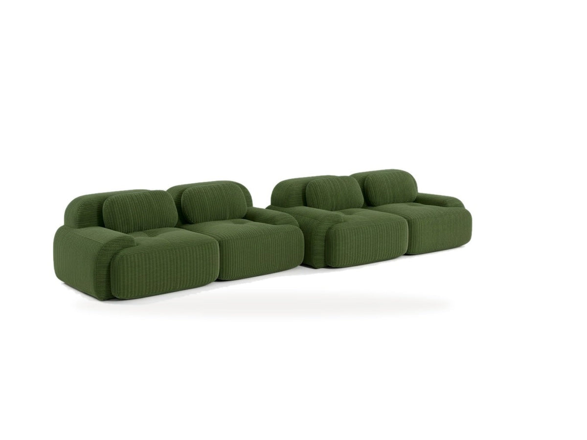 Salon velours côtelé vert, vue de trois quarts sur fond blanc