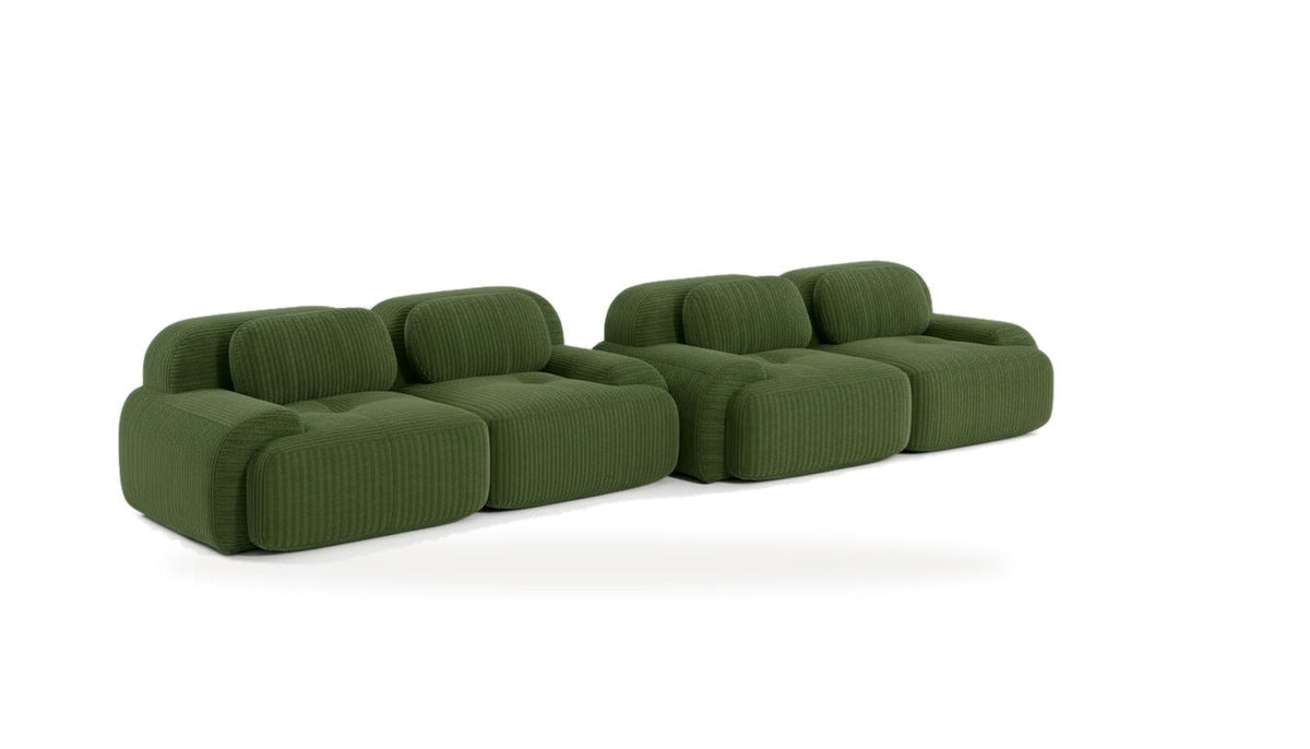 Salon velours côtelé vert, vue de trois quarts sur fond blanc