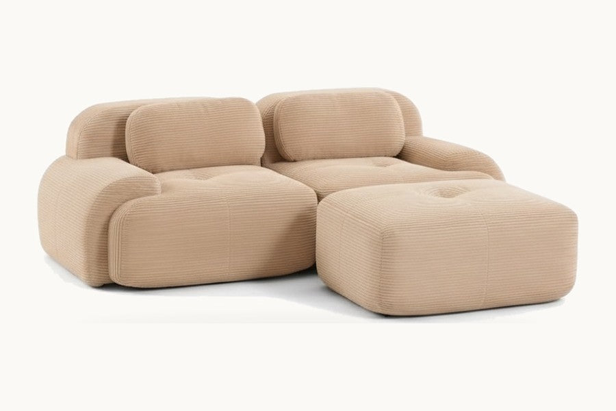 Pastille canapé méridienne 2 places en velours côtelé, coloris beige
