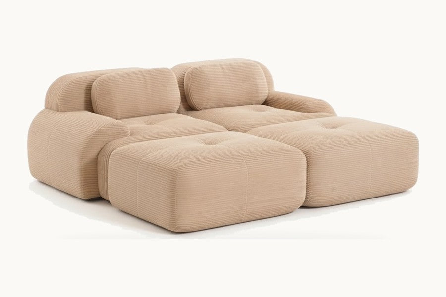 Pastille canapé 2 places avec poufs en velours côtelé, coloris beige