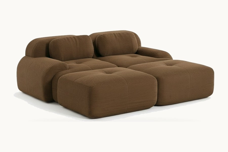 Pastille canapé 2 places avec poufs en velours côtelé, coloris brun