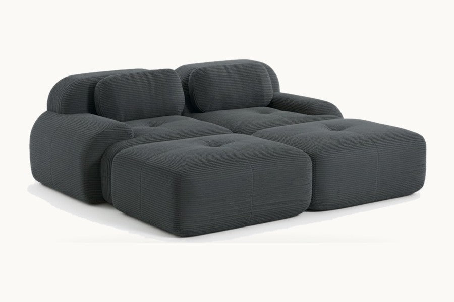 Pastille canapé 2 places avec poufs en velours côtelé, coloris gris