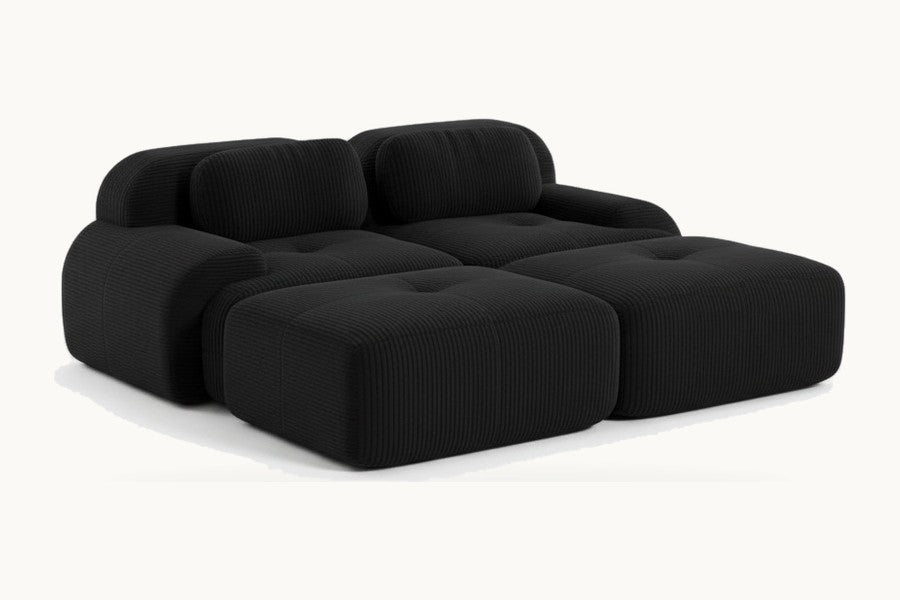 Pastille canapé 2 places avec poufs en velours côtelé, coloris noir