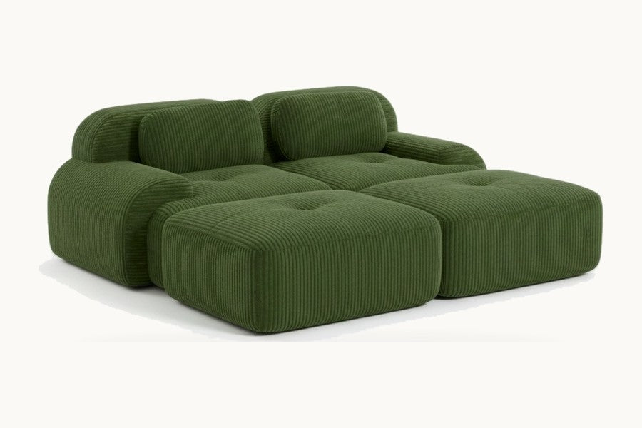 Pastille canapé 2 places avec poufs en velours côtelé, coloris vert