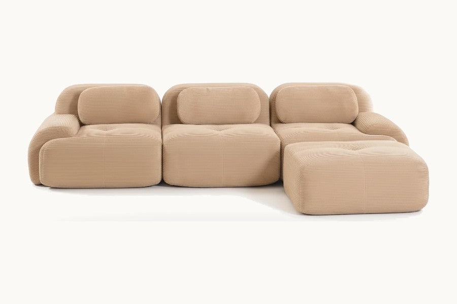 Pastille canapé méridienne 3 places en velours côtelé, coloris beige