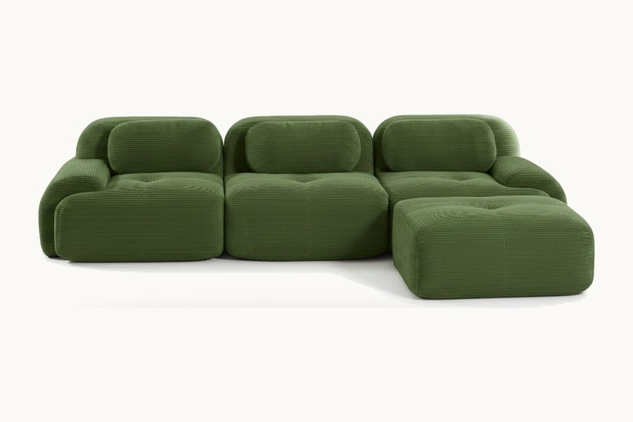 Pastille canapé méridienne 3 places en velours côtelé, coloris vert