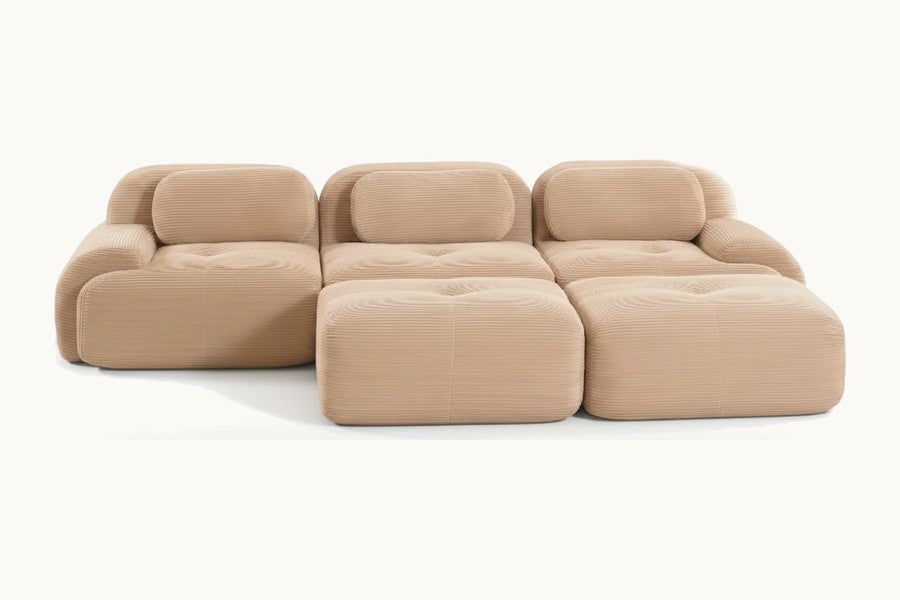 Pastille canapé 3 places avec poufs en velours côtelé, coloris beige