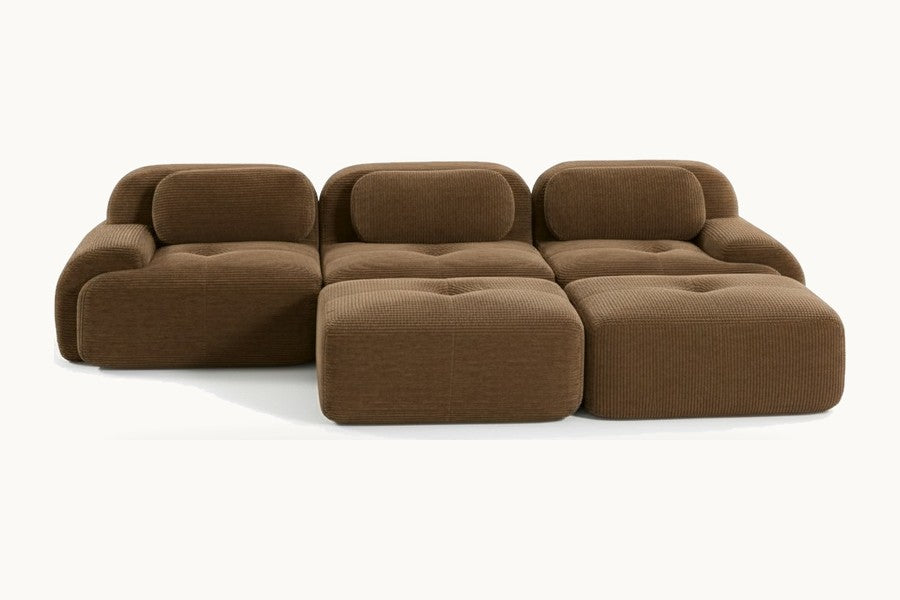Pastille canapé 3 places avec poufs en velours côtelé, coloris brun