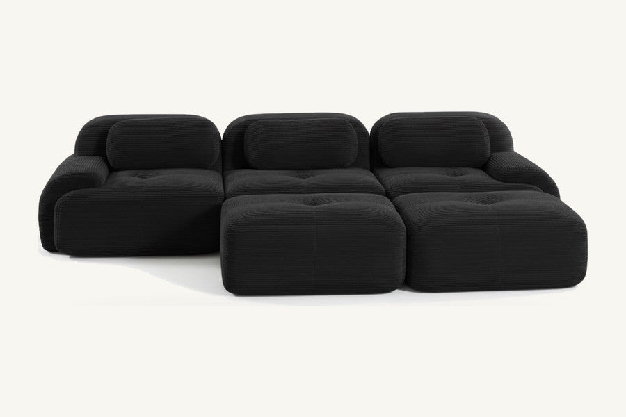 Pastille canapé 3 places avec poufs en velours côtelé, coloris noir