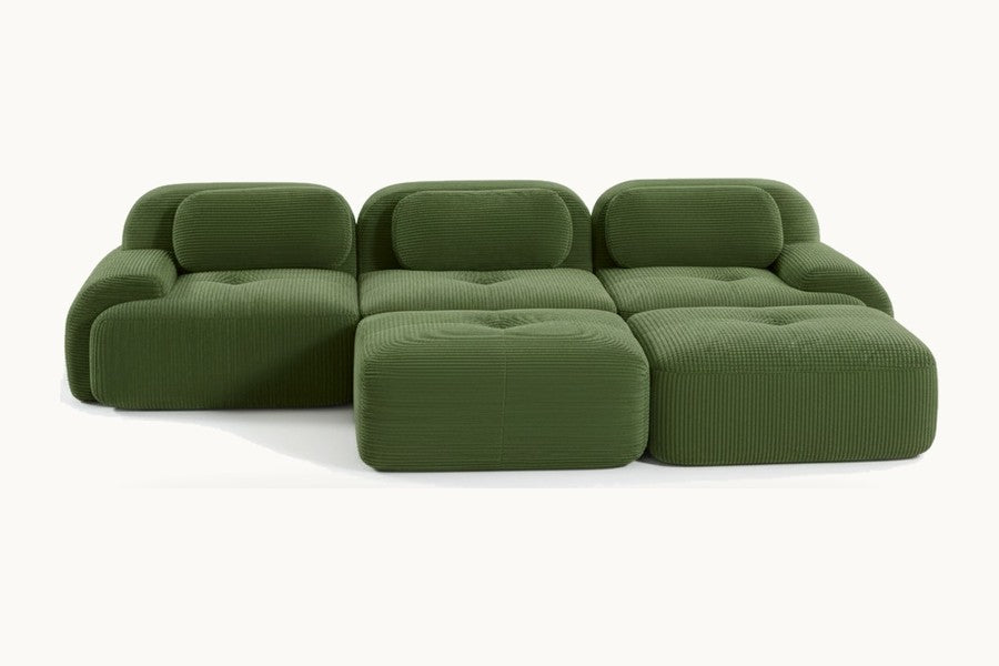 Pastille canapé 3 places avec poufs en velours côtelé, coloris vert