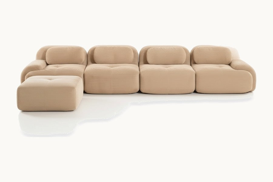 Pastille canapé méridienne 4 places en velours côtelé, coloris beige