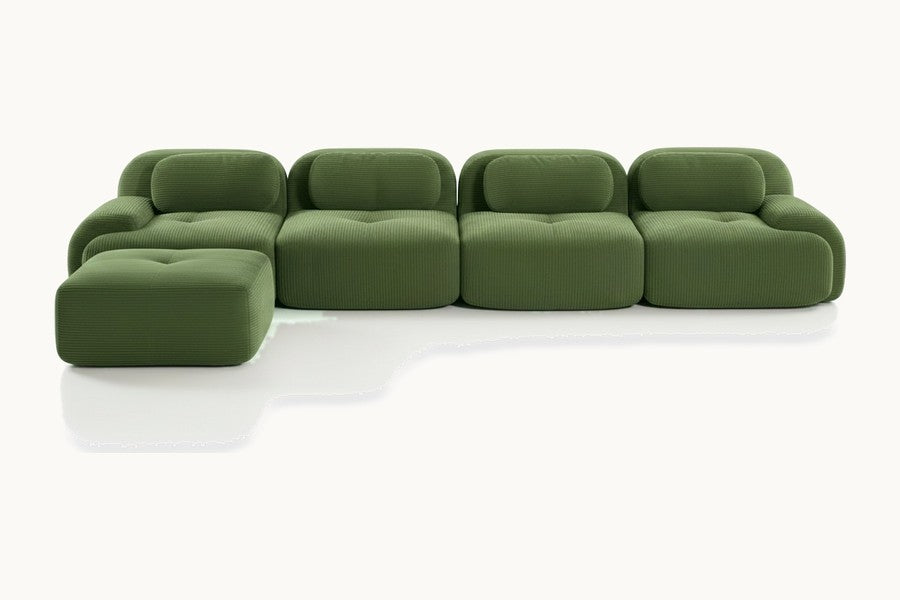 Pastille canapé méridienne 4 places en velours côtelé, coloris vert