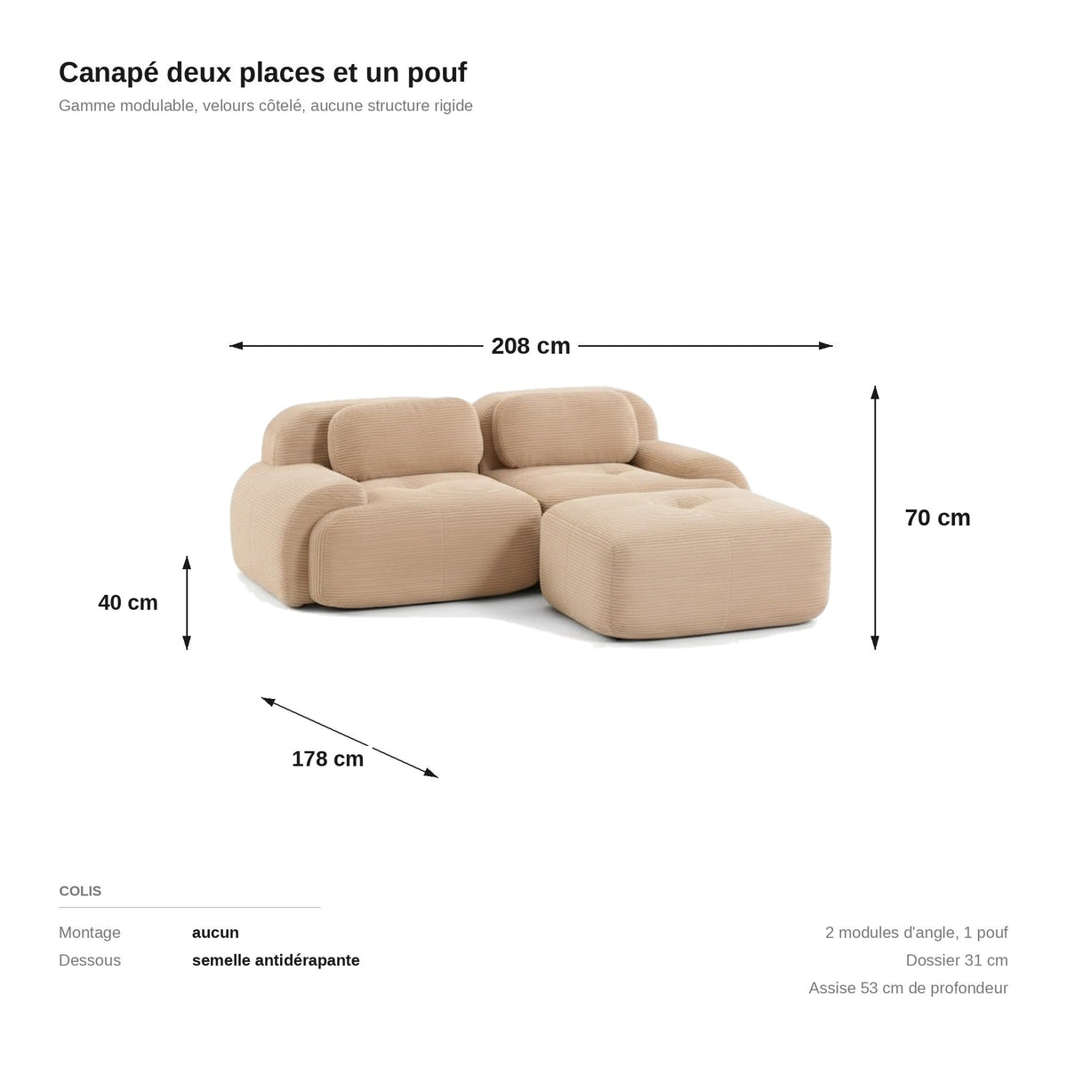 Canapé méridienne 2 places beige, les dimensions