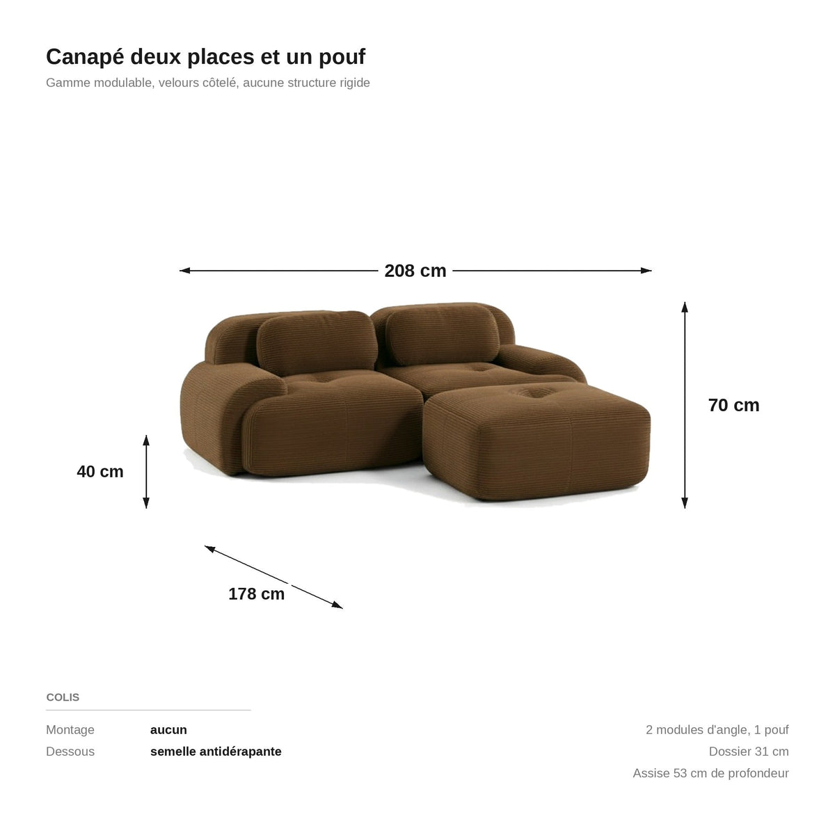 Canapé méridienne 2 places brun, les dimensions