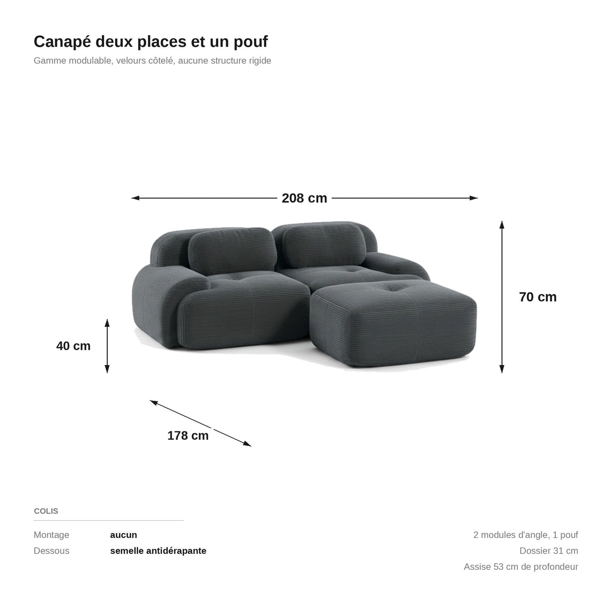 Canapé méridienne 2 places gris, les dimensions