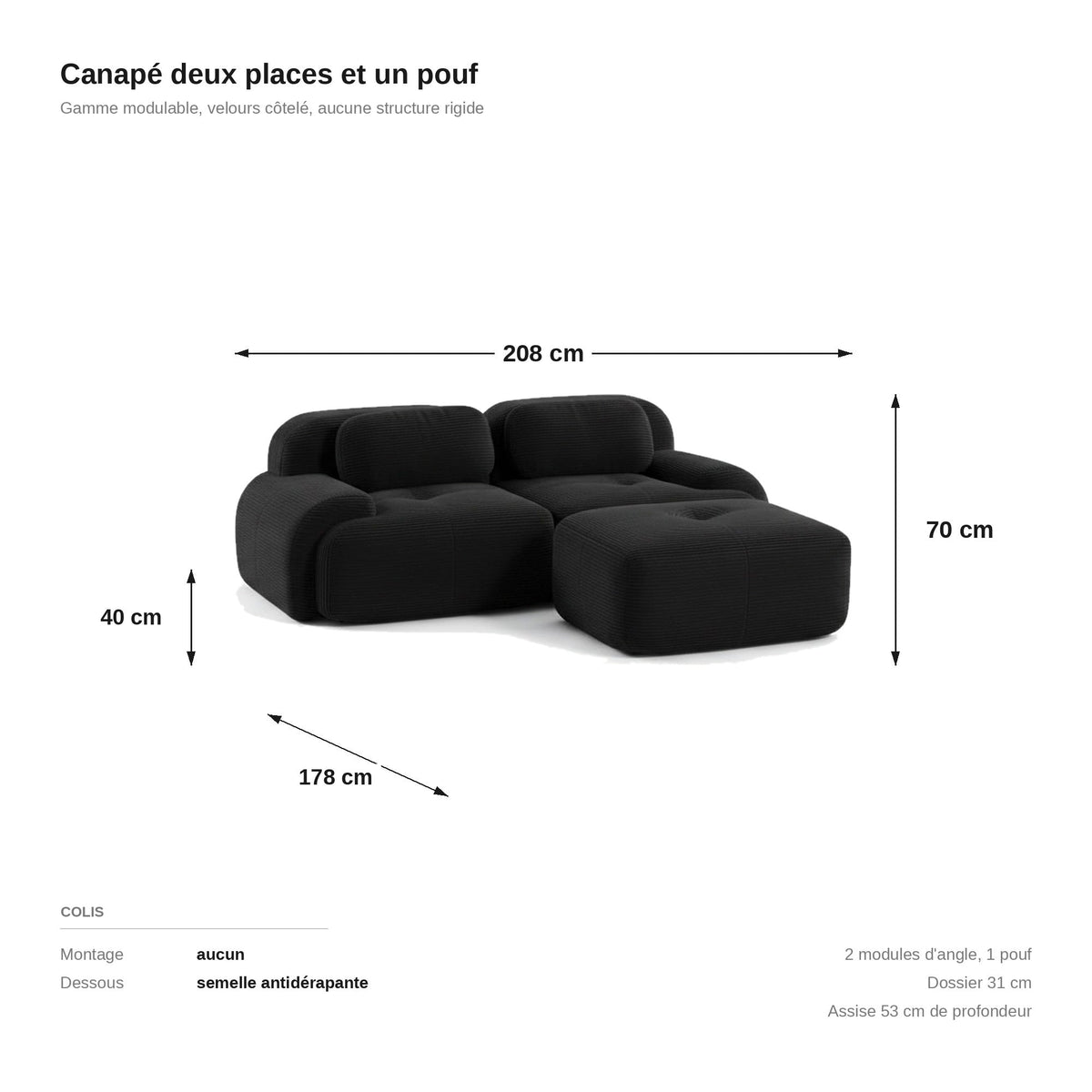 Canapé méridienne 2 places noir, les dimensions