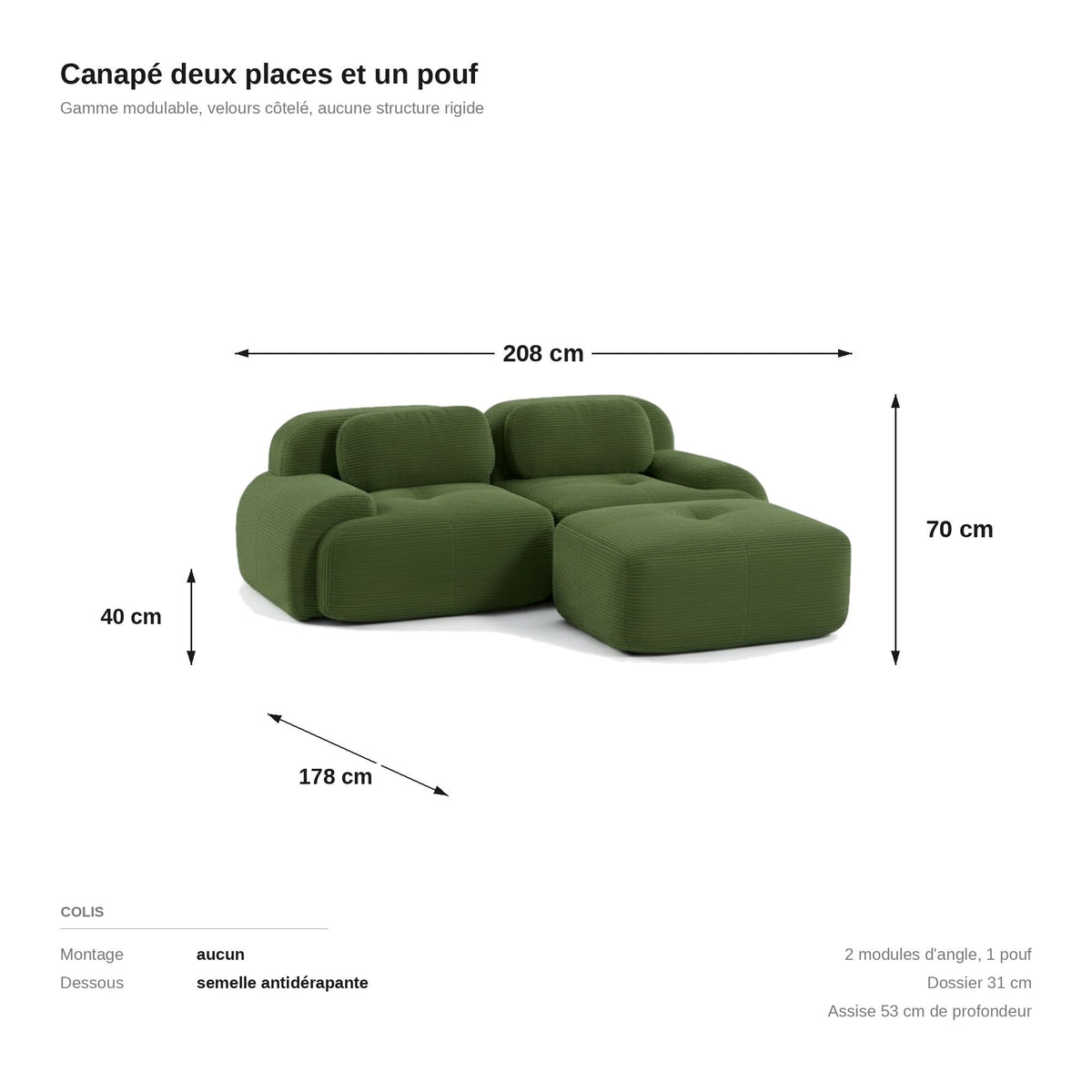 Canapé méridienne 2 places vert, les dimensions
