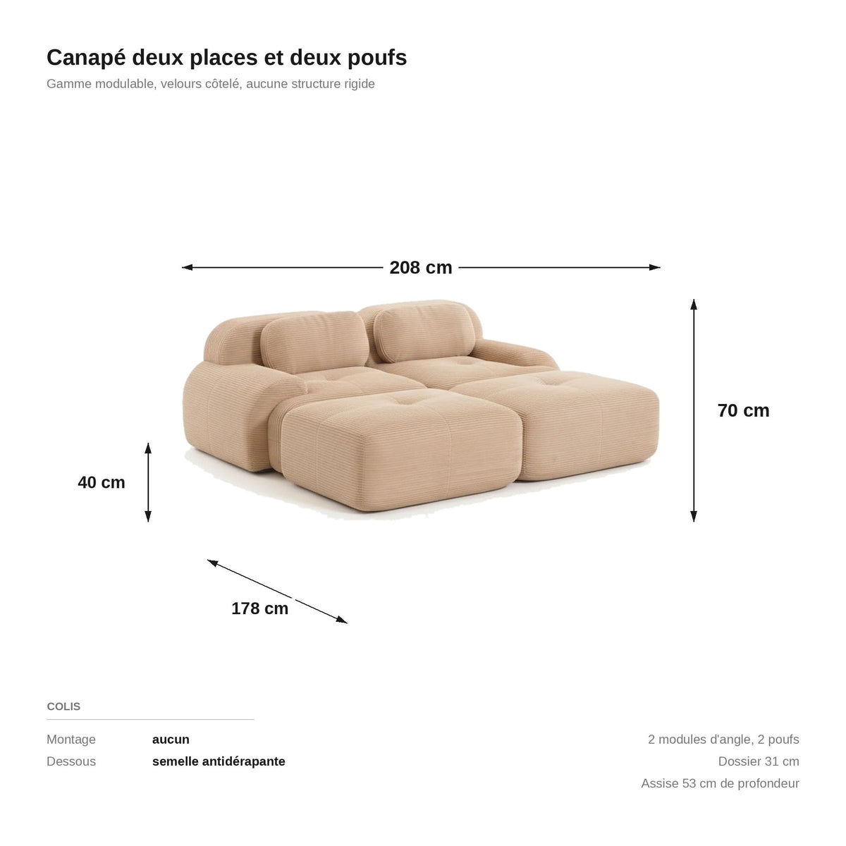 Canapé 2 places avec poufs beige, les dimensions