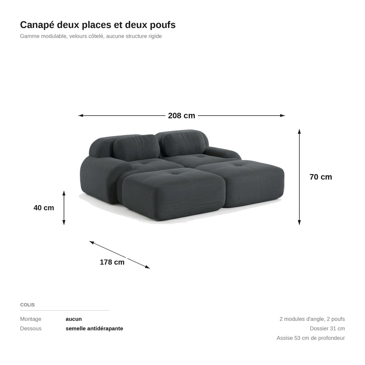 Canapé 2 places avec poufs gris, les dimensions