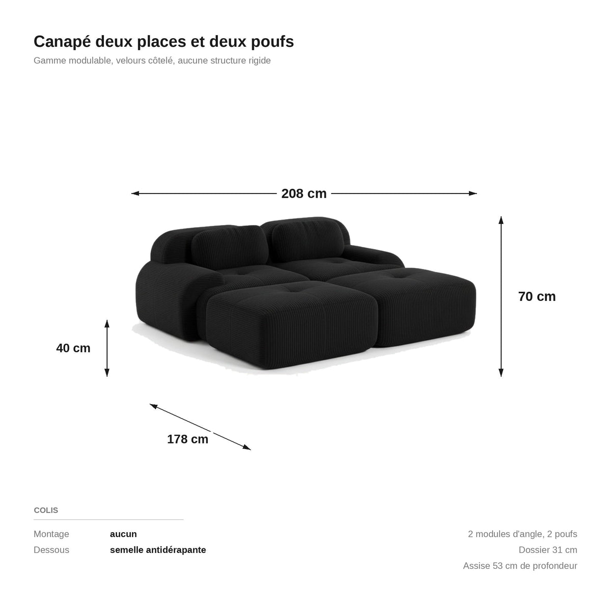 Canapé 2 places avec poufs noir, les dimensions