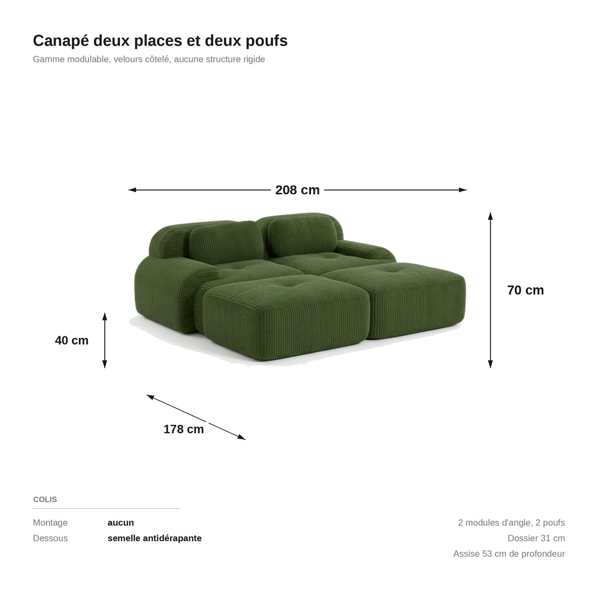 Canapé 2 places avec poufs vert, les dimensions