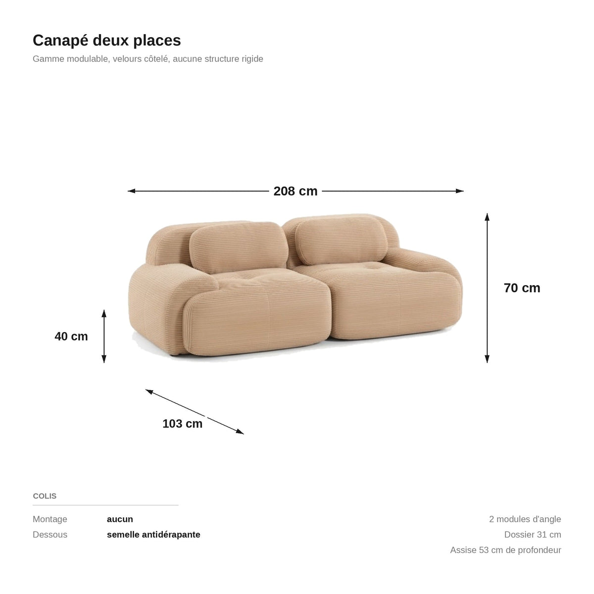 Canapé modulaire 2 places beige, les dimensions