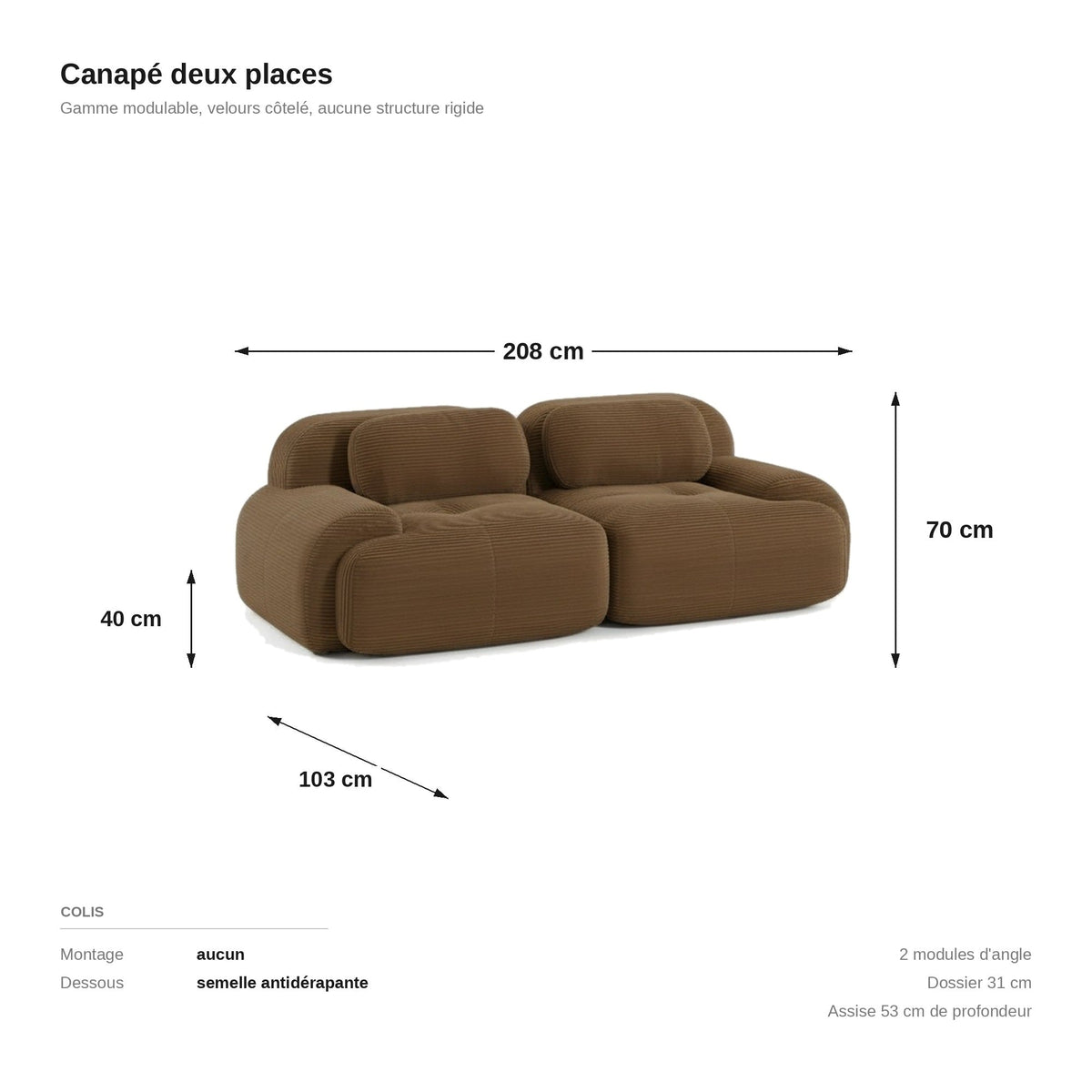 Canapé modulaire 2 places brun, les dimensions