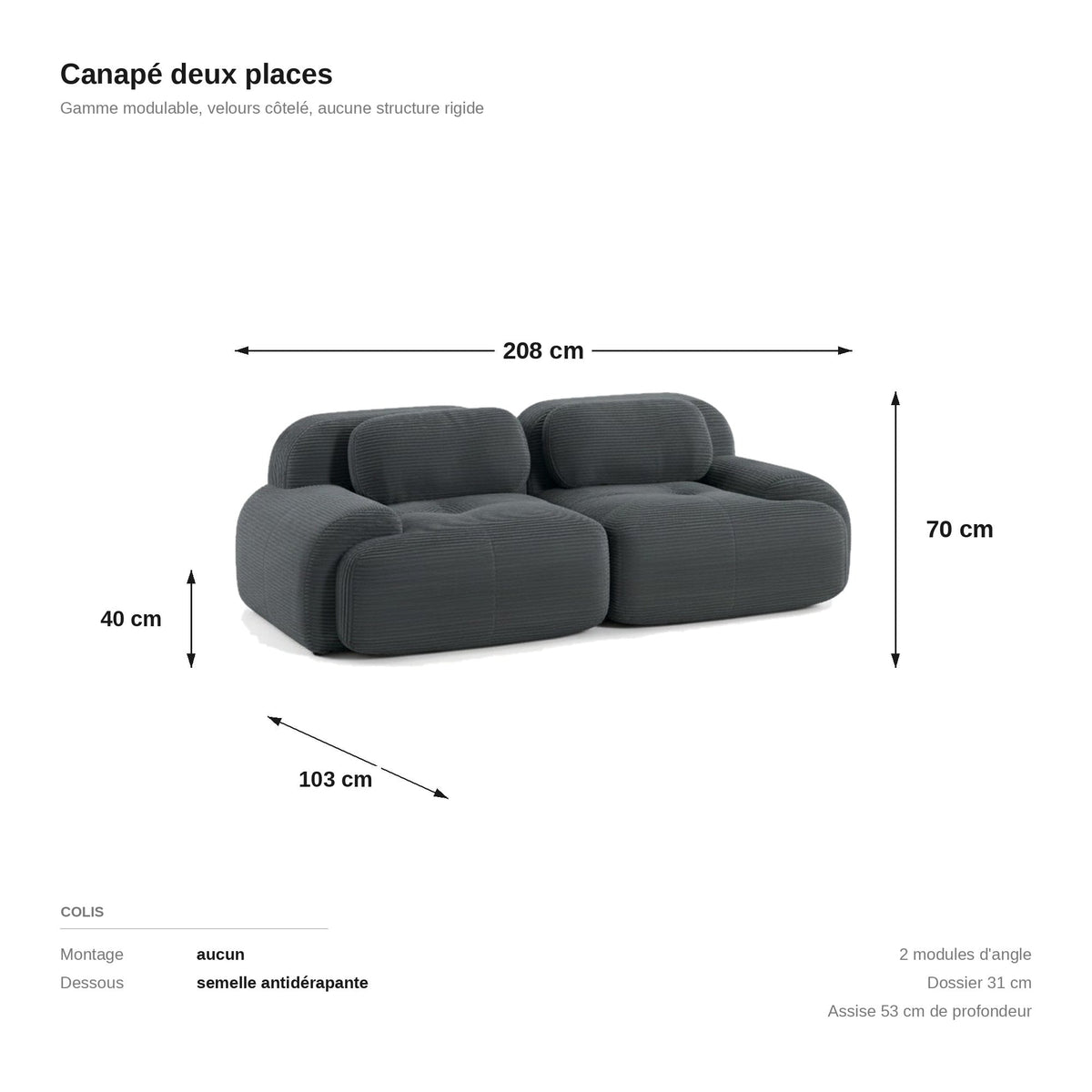 Canapé modulaire 2 places gris, les dimensions