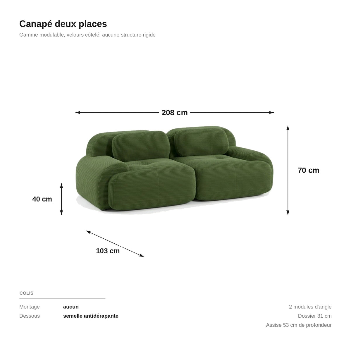 Canapé modulaire 2 places vert, les dimensions