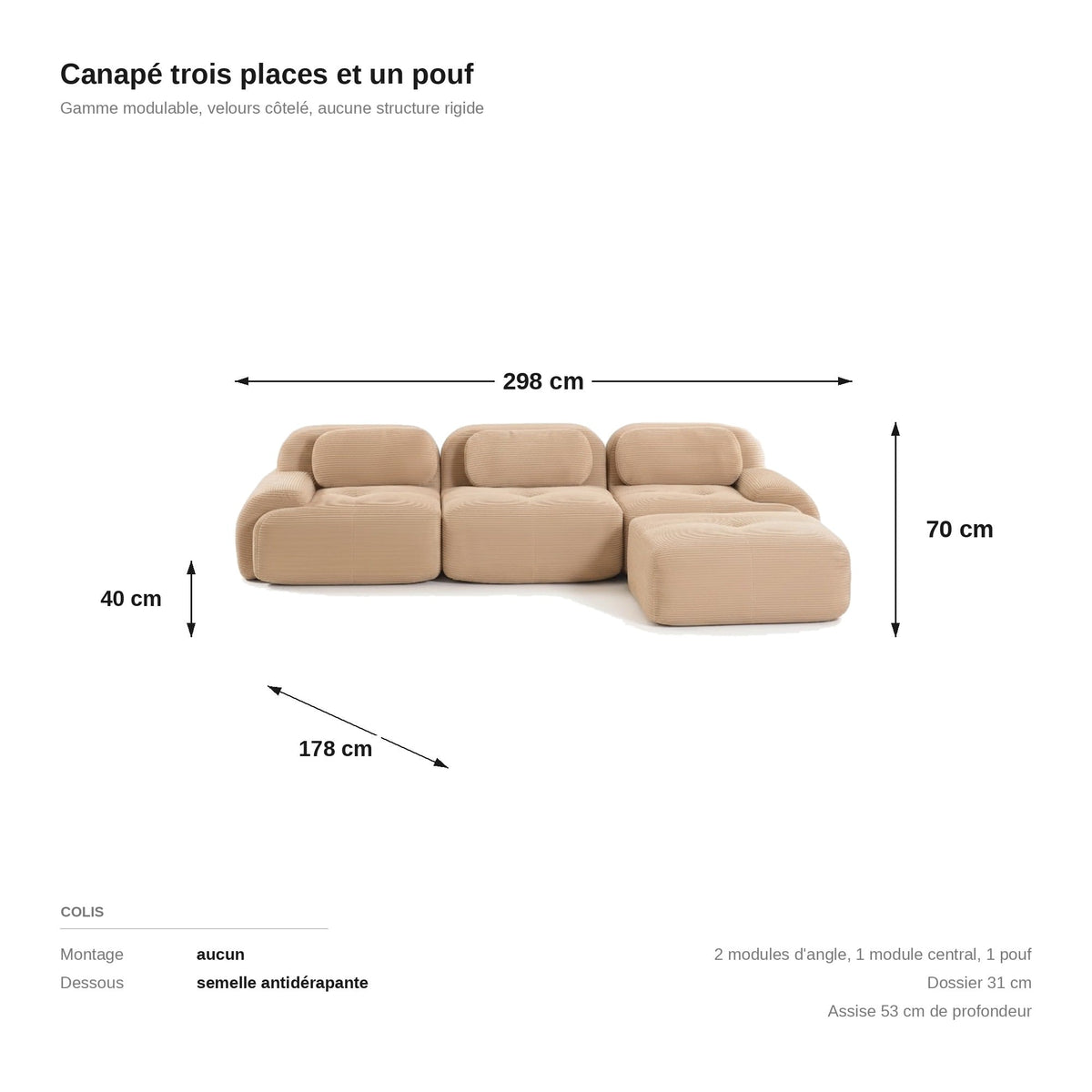 Canapé méridienne 3 places beige, les dimensions