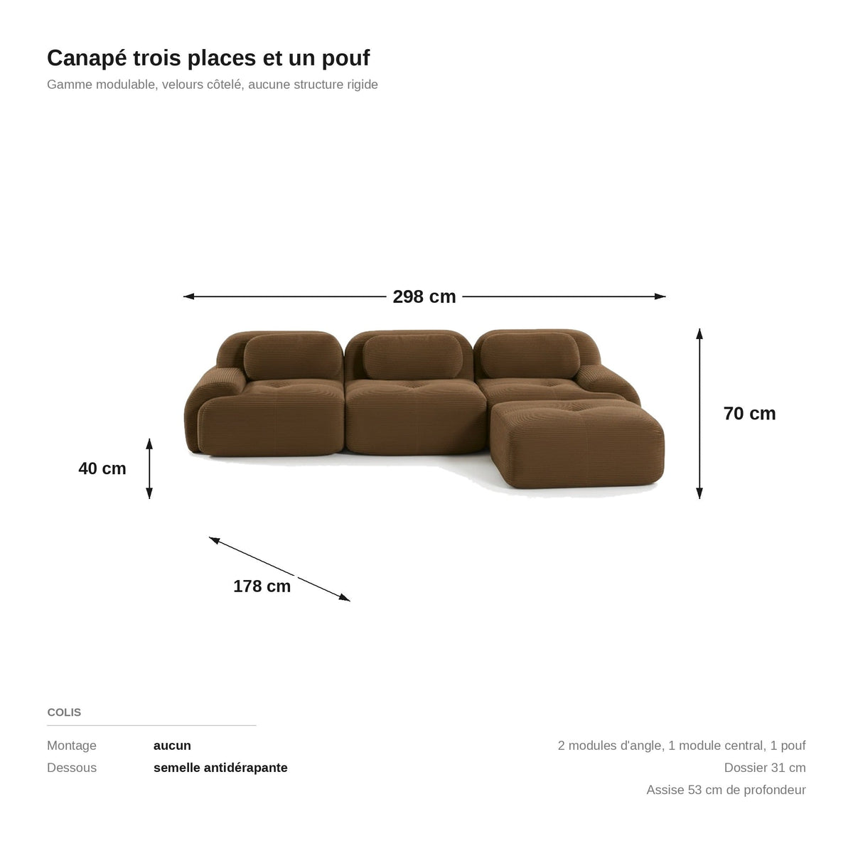 Canapé méridienne 3 places brun, les dimensions