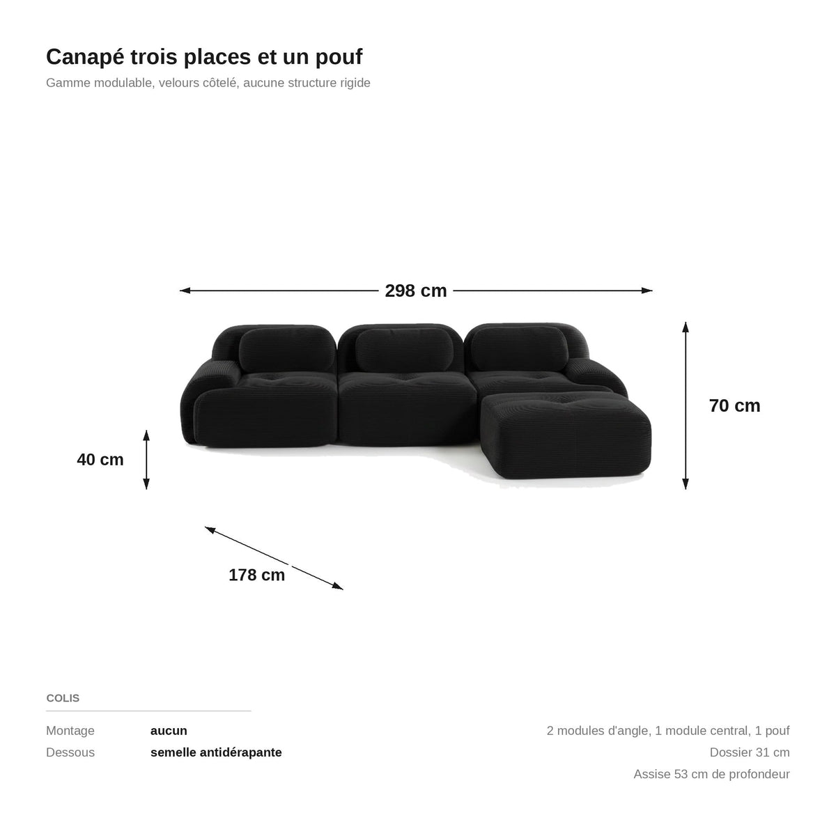 Canapé méridienne 3 places noir, les dimensions