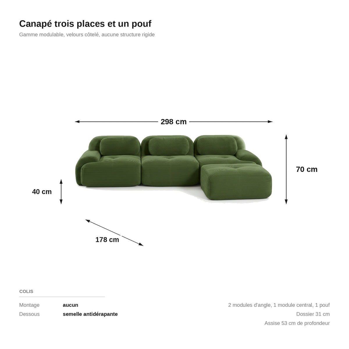 Canapé méridienne 3 places vert, les dimensions