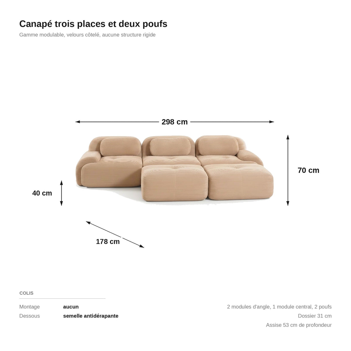 Canapé 3 places avec poufs beige, les dimensions