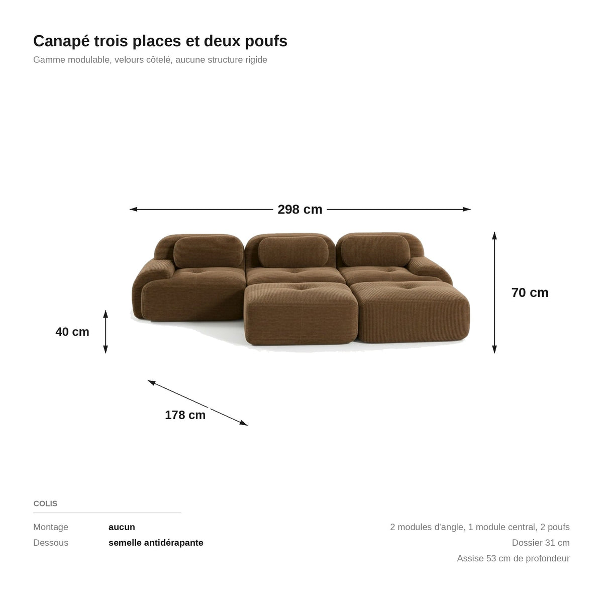 Canapé 3 places avec poufs brun, les dimensions
