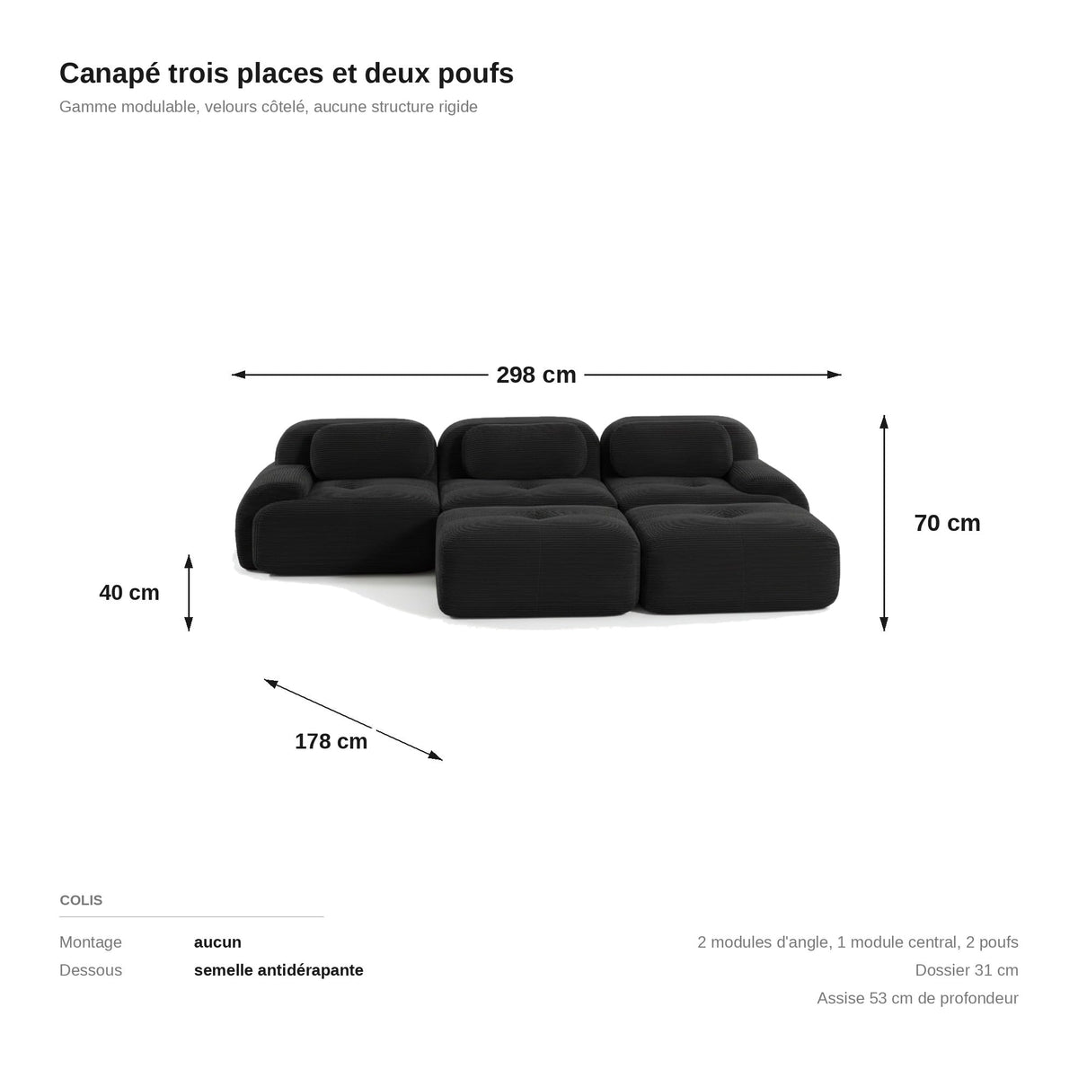 Canapé 3 places avec poufs noir, les dimensions