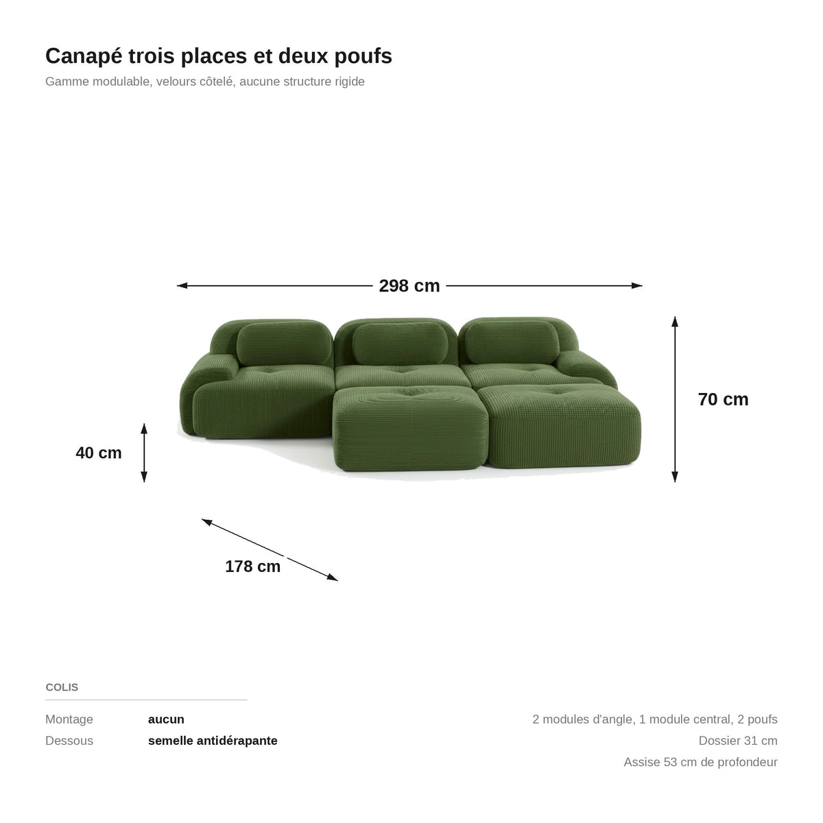 Canapé 3 places avec poufs vert, les dimensions