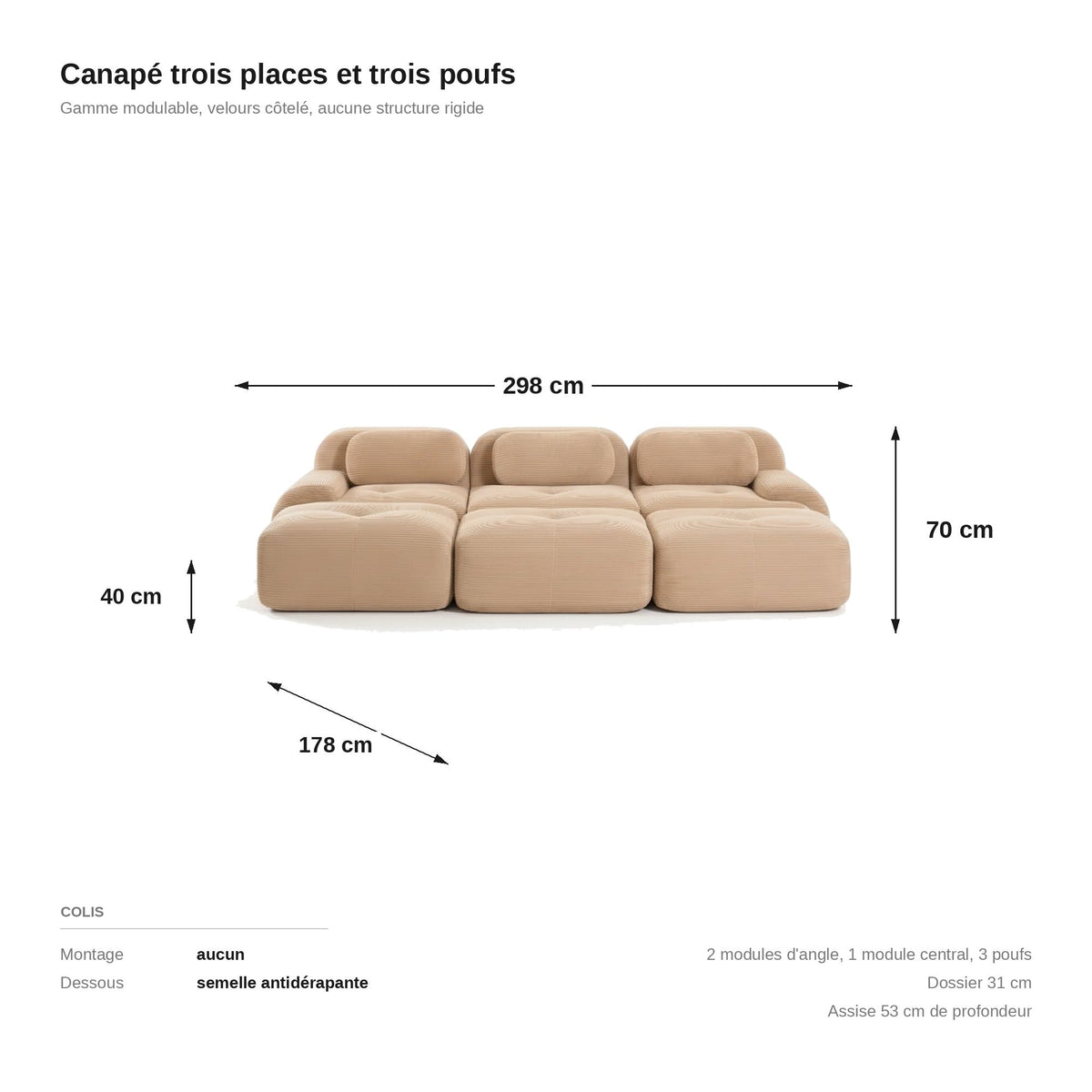 Canapé profond 3 places beige, les dimensions