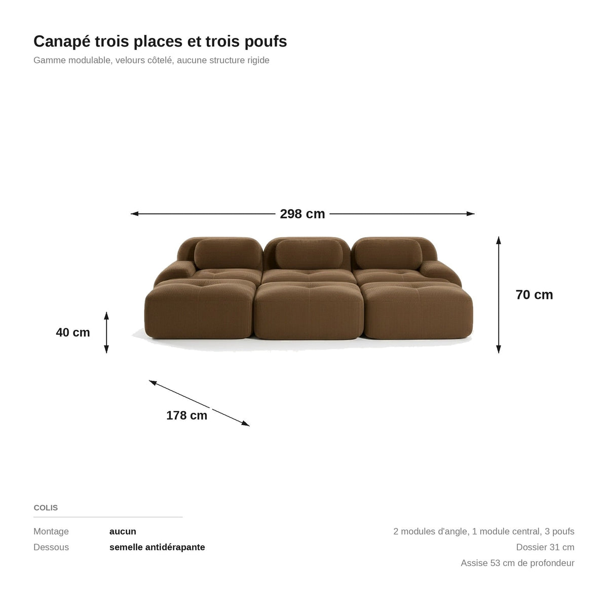 Canapé profond 3 places brun, les dimensions