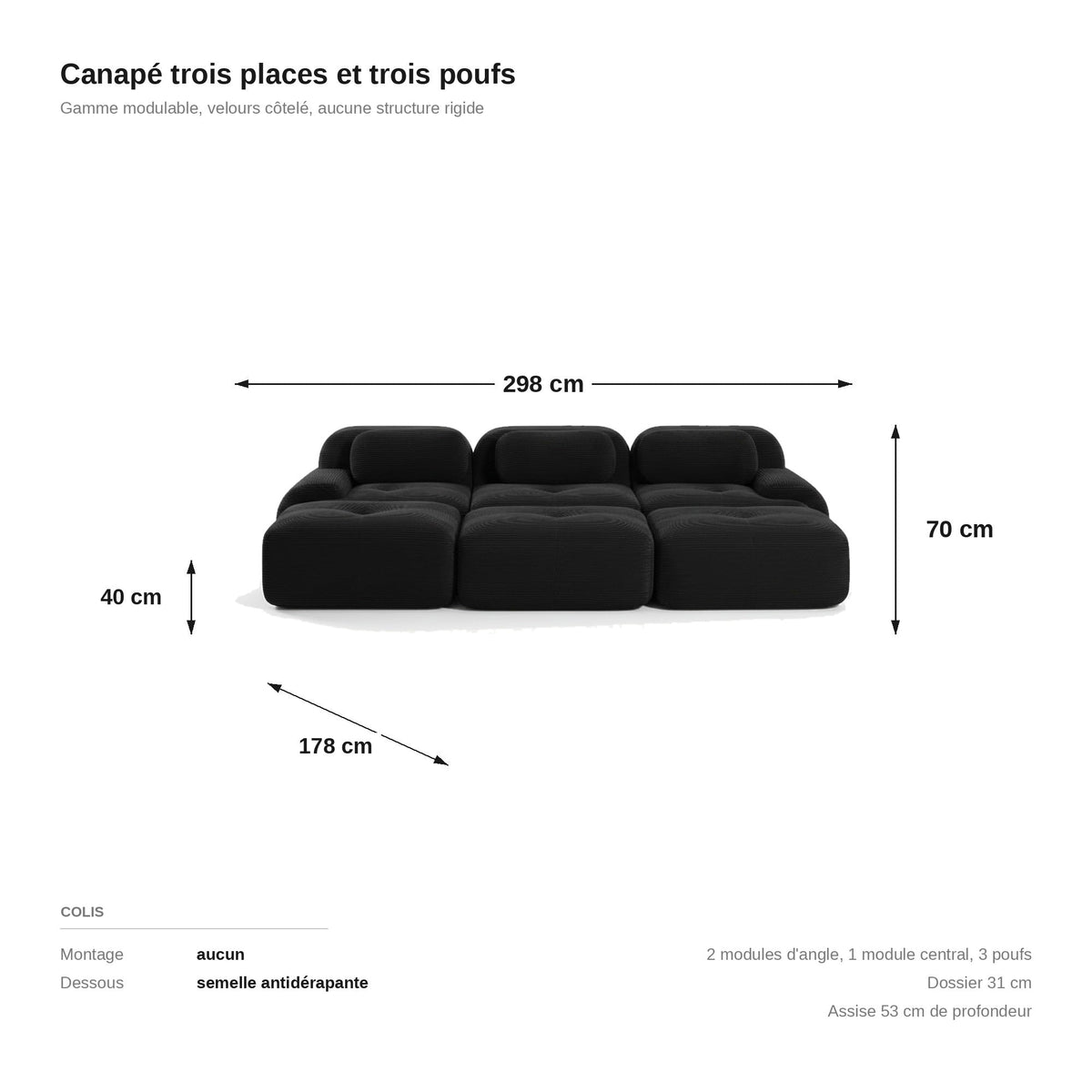 Canapé profond 3 places noir, les dimensions