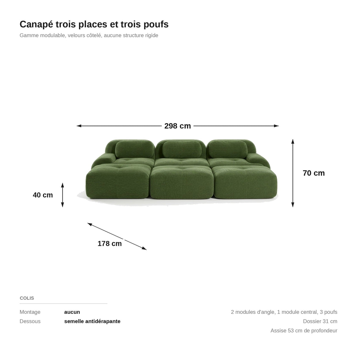 Canapé profond 3 places vert, les dimensions