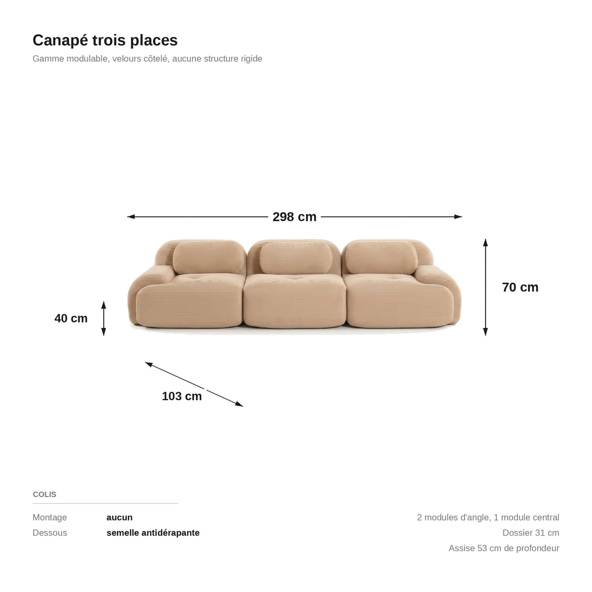 Canapé modulaire 3 places beige, les dimensions