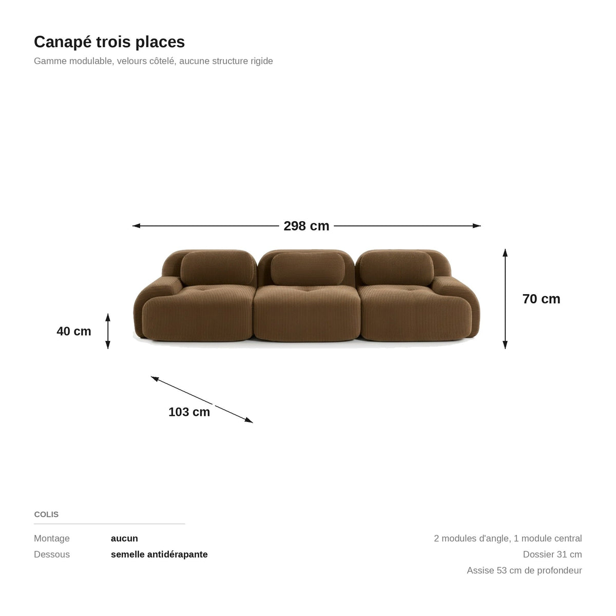Canapé modulaire 3 places brun, les dimensions