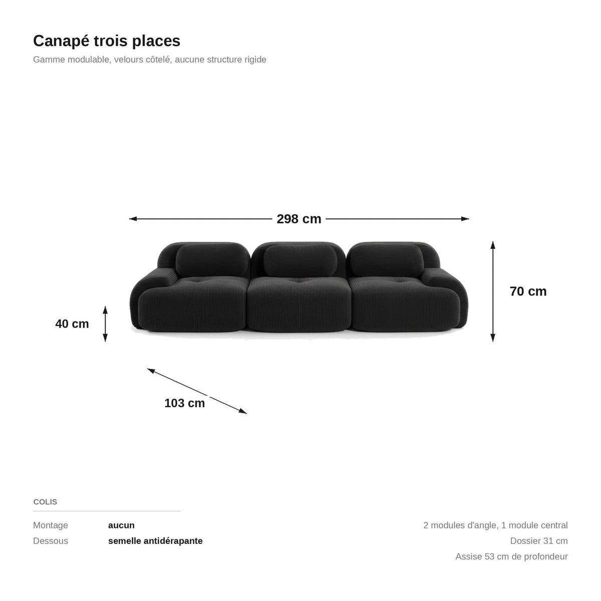 Canapé modulaire 3 places noir, les dimensions