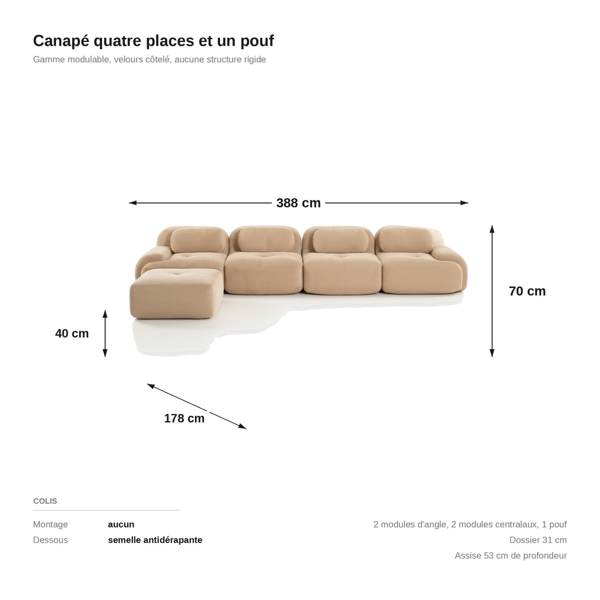 Canapé méridienne 4 places beige, les dimensions