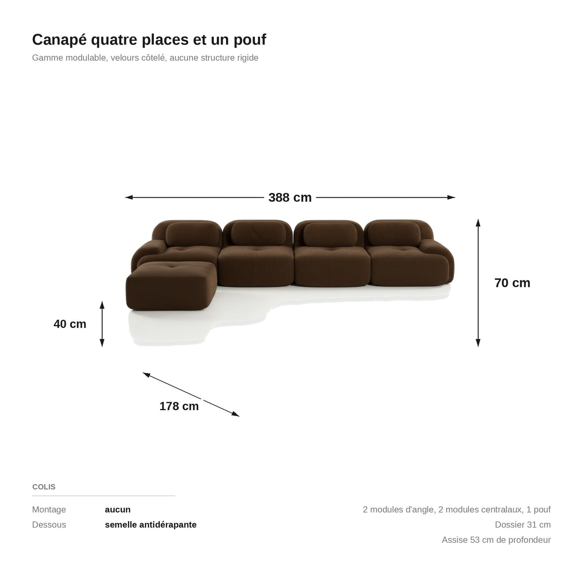 Canapé méridienne 4 places brun, les dimensions