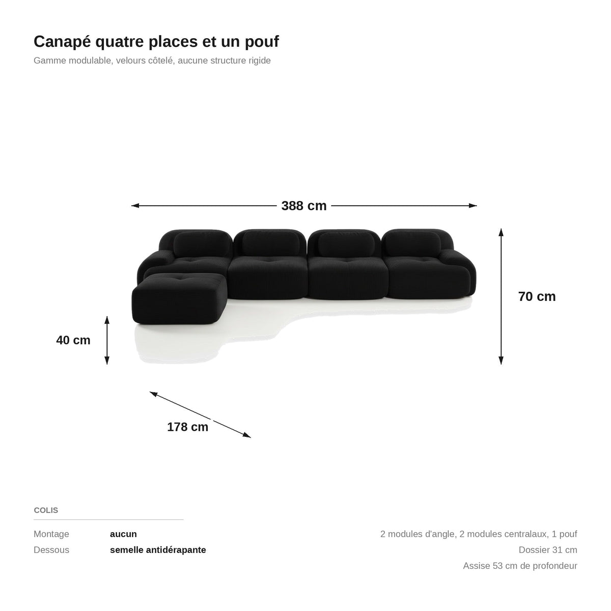 Canapé méridienne 4 places noir, les dimensions