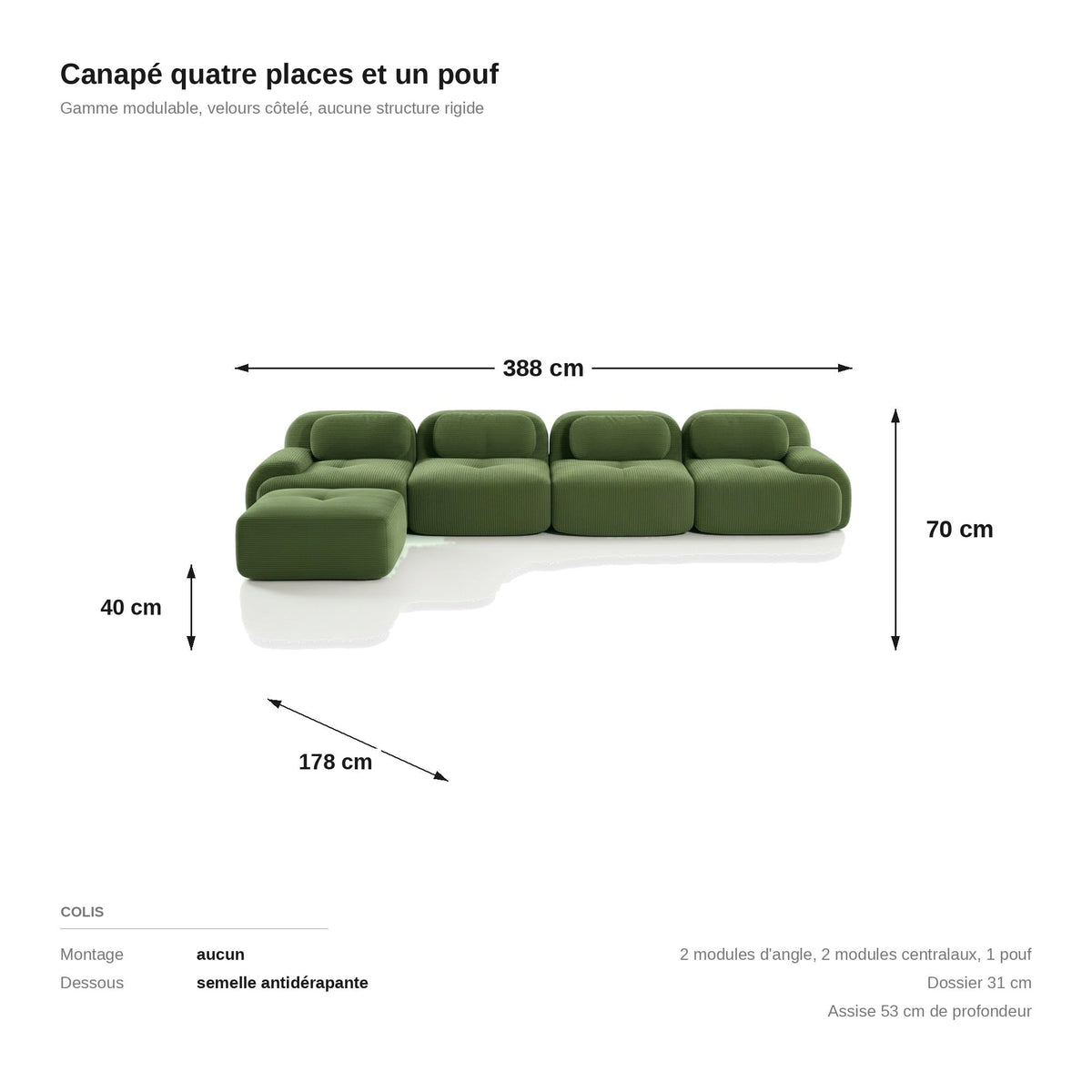 Canapé méridienne 4 places vert, les dimensions